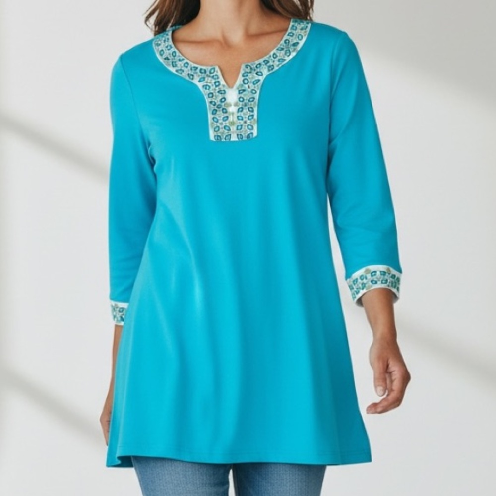 Koret Turquoise Tunic with Printed Trim